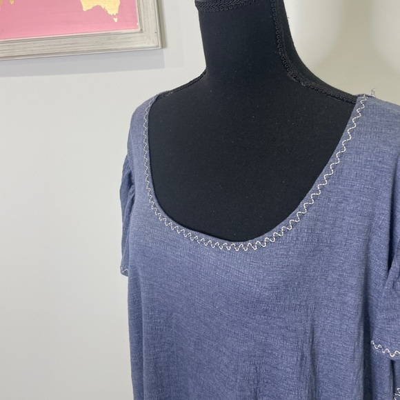 Max Studio Denim-Like Round Neck Short Ruffle Sleeve Top - Picture 4 of 8